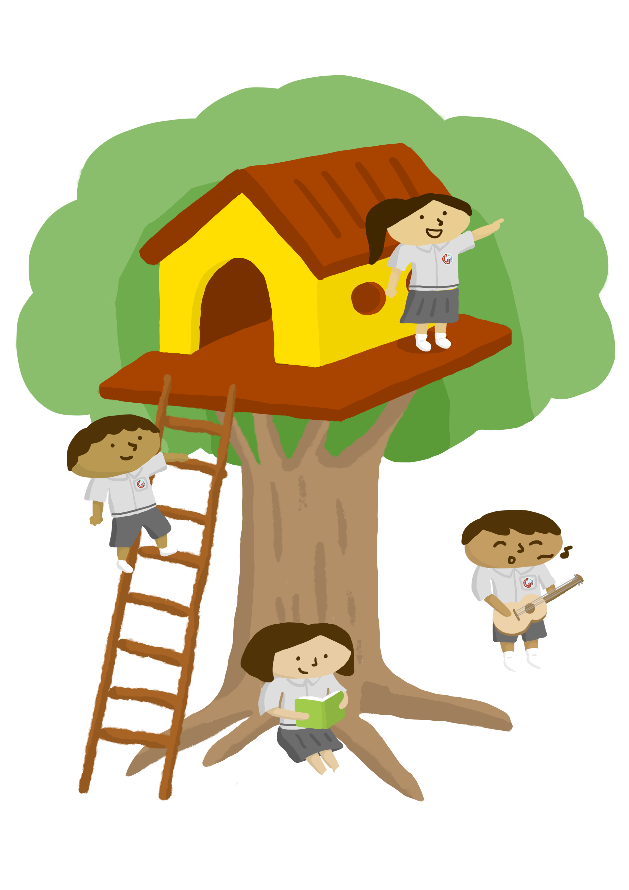 Four cartoon children in uniforms play around a yellow treehouse; one reads, one climbs, one waves, one plays guitar.